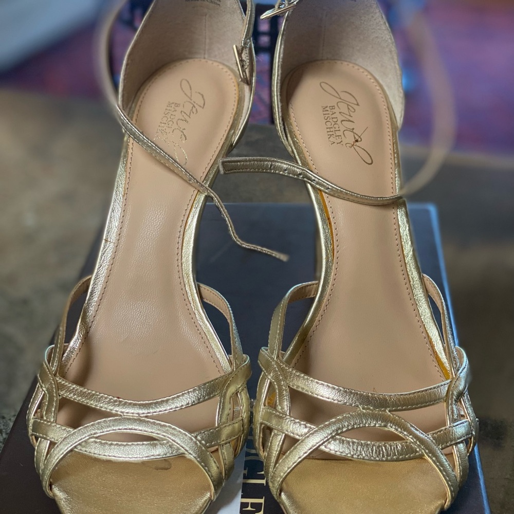 Jewel Badgley Mischka Gold Ankle Strap Heels 9